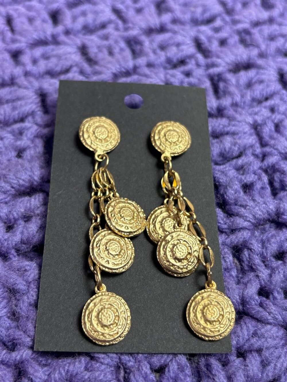 Textured Goldtone Circle Chain Dangle Earrings 2.75 inches